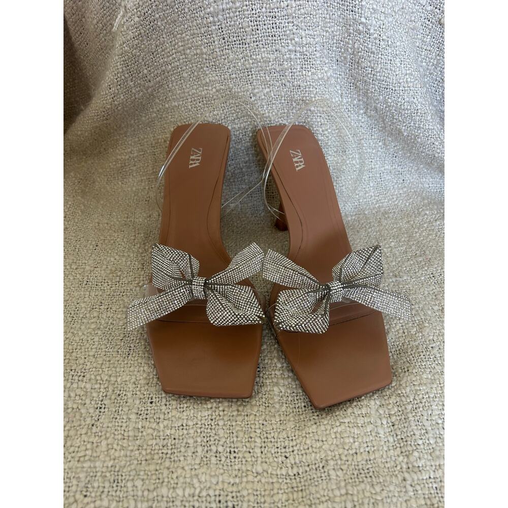 Zara Bow Trim Clear Vinyl Open Toe Slingback Heels Size 38 (7.5) - Picture 2 of 8